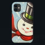 Cute Little Retro Snowman Case-Mate iPhone Case<br><div class="desc">Vintage colour illustration of a cute round snowman head with black top hat and red scarf trimmed in green.</div>