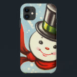 Cute Little Retro Snowman Case-Mate iPhone Case<br><div class="desc">Vintage colour illustration of a cute round snowman head with black top hat and red scarf trimmed in green.</div>