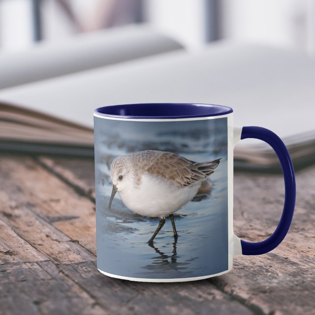 Cute Little Sanderling at the Beach Mug (Cute Sanderling Strolling on Beach 11 oz Coffee Mug Cover Photo.)