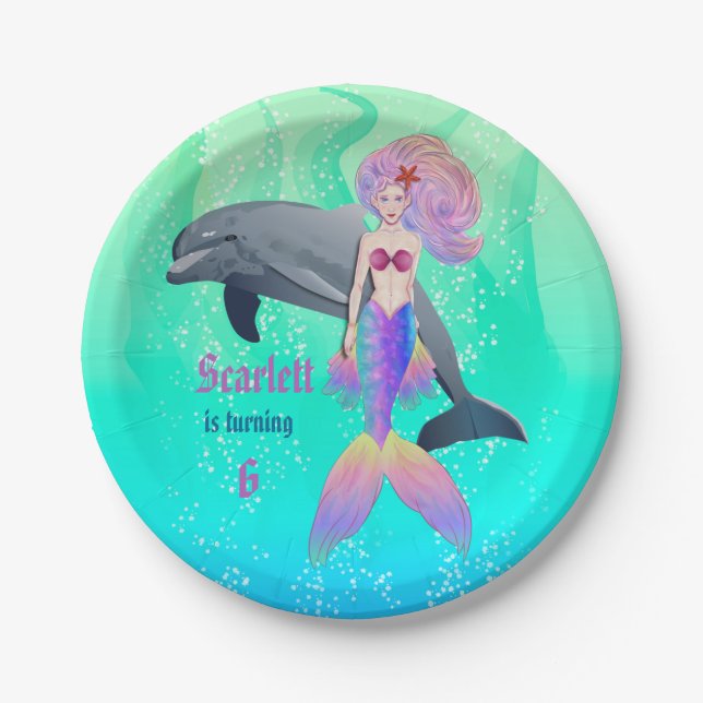 Cute Little Sea Mermaid Girl with Dolphin Birthday Paper Plate (Front)