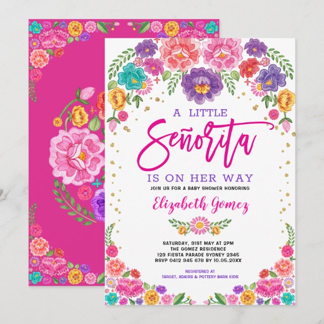 Cute Little Senorita Fiesta Flowers Baby Shower Invitation (Front/Back)