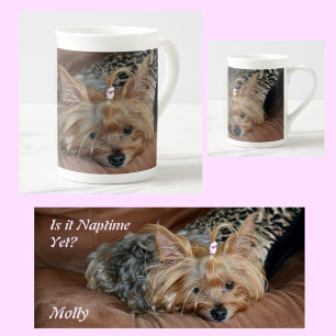Cute Little Sleepy Yorkshire Terrier Puppy Bone China Mug