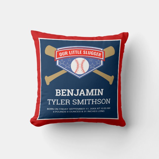 Cute Little Slugger Baseball Baby Birth Stats Cushion (Front)