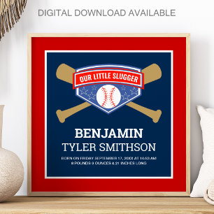 Cute Little Slugger Baseball Baby Birth Stats Poster