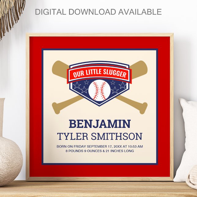 Cute Little Slugger Baseball Baby Birth Stats Poster (Creator Uploaded)