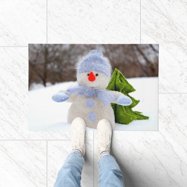 Cute Little Snowman in Blue Hat Doormat (Indoor)