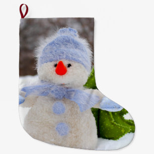 Cute Little Snowman in Blue Hat Large Christmas Stocking