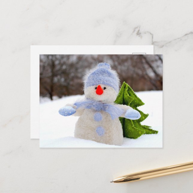 Cute Little Snowman in Blue Hat Postcard (Front/Back In Situ)