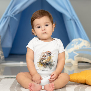 cute little sparrow in watercolor baby bodysuit