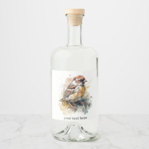 cute little sparrow in watercolor liquor bottle label