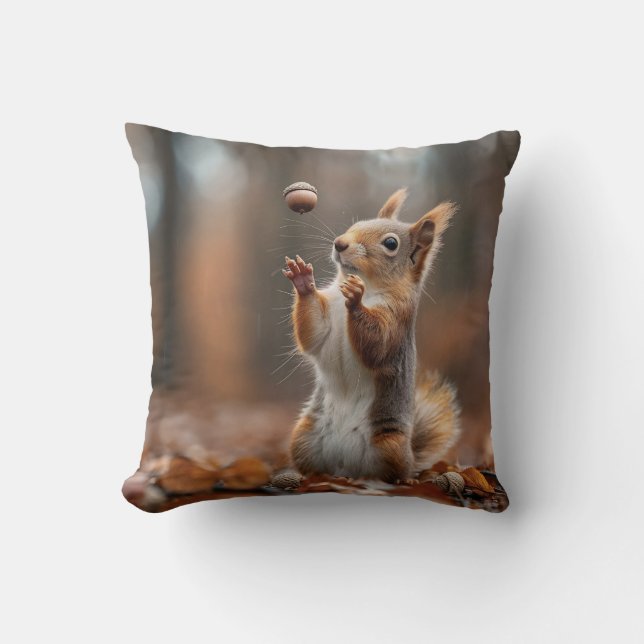 Cute little squirrel catching an acorn cushion (Front)