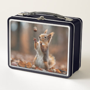 Cute little squirrel catching an acorn metal lunch box