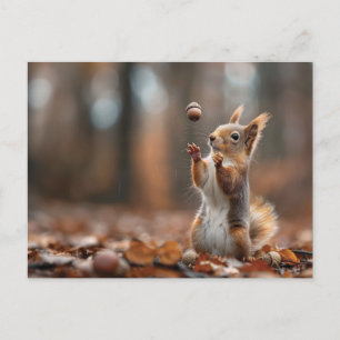 Cute little squirrel catching an acorn postcard