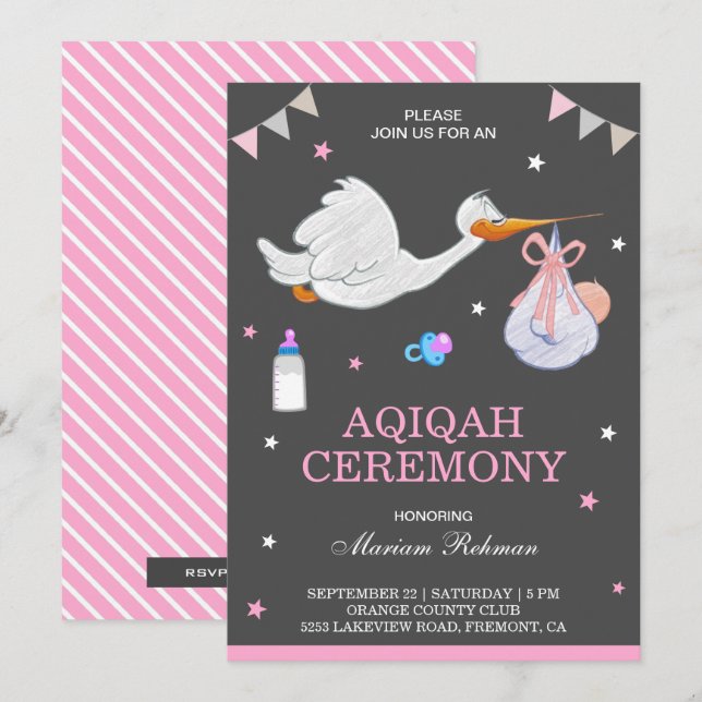 Cute Little Stork Pink Baby Girl Aqiqah Invitation (Front/Back)