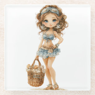 CUTE LITTLE SUMMER GIRL DRESSED IN BLUE GLASS COASTER