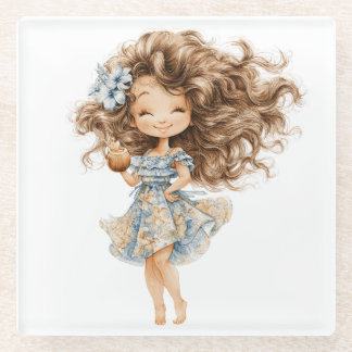 CUTE LITTLE SUMMER GIRL DRESSED IN BLUE GLASS COASTER