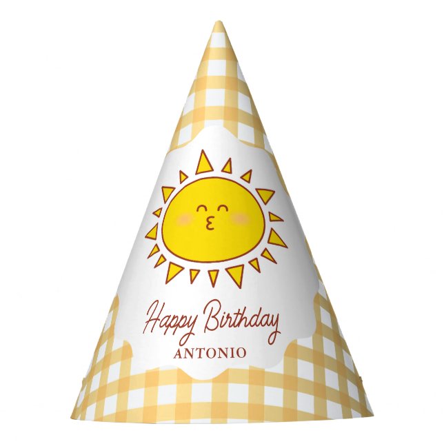 Cute Little Sunshine Gingham Kids Happy Birthday  Party Hat (Front)