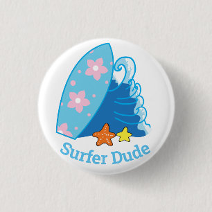 Cute Little Surfer Dude Surfboard and Wave 3 Cm Round Badge