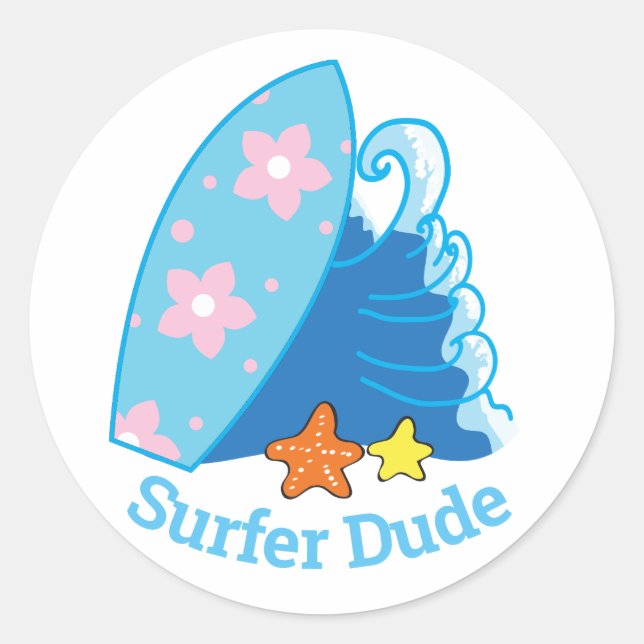 Cute Little Surfer Dude Surfboard and Wave Classic Round Sticker (Front)