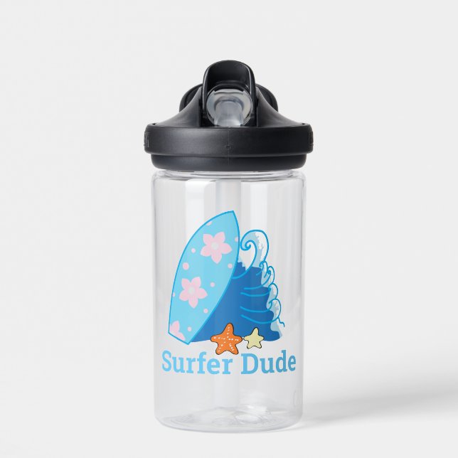 Cute Little Surfer Dude Surfboard and Wave Water Bottle (Front)