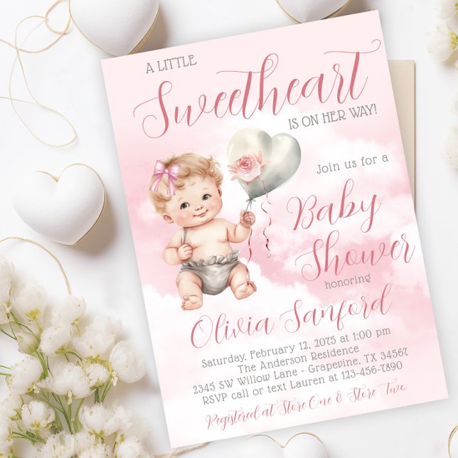 Cute Little Sweetheart Baby Shower Invitation (Adorable little sweetheart baby shower invitation with cute baby girl with heart balloon and clouds.)