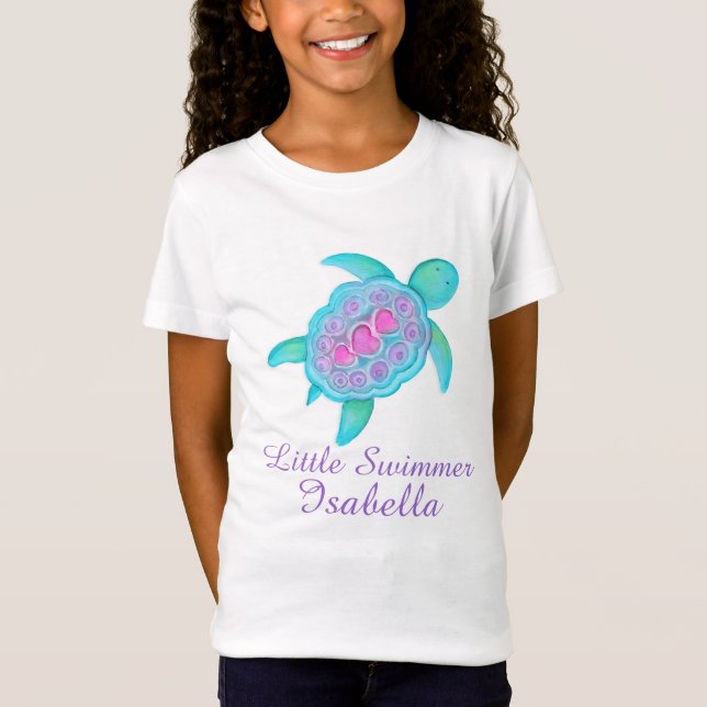 Cute little swimmer girls pink aqua turtle t-shirt (Front)