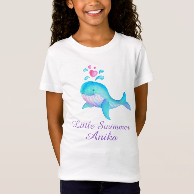 Cute little swimmer girls pink aqua whale t-shirt (Front)