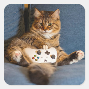 Cute Little Tabby Cat Gamer Kitty Square Sticker