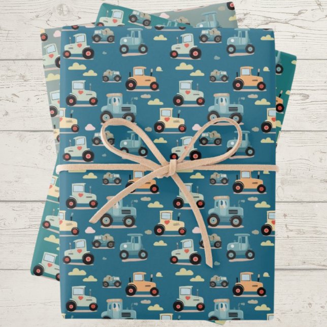 Cute little tractor pattern blue Wrapping Paper (Creator Uploaded)