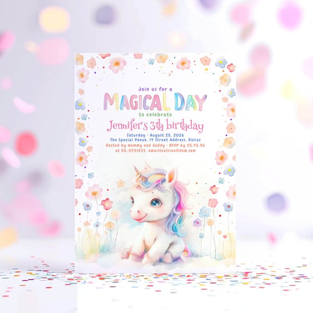 Cute Little Unicorn Floral Fun Birthday Party Invitation (Little Unicorn Birthday Invitation)