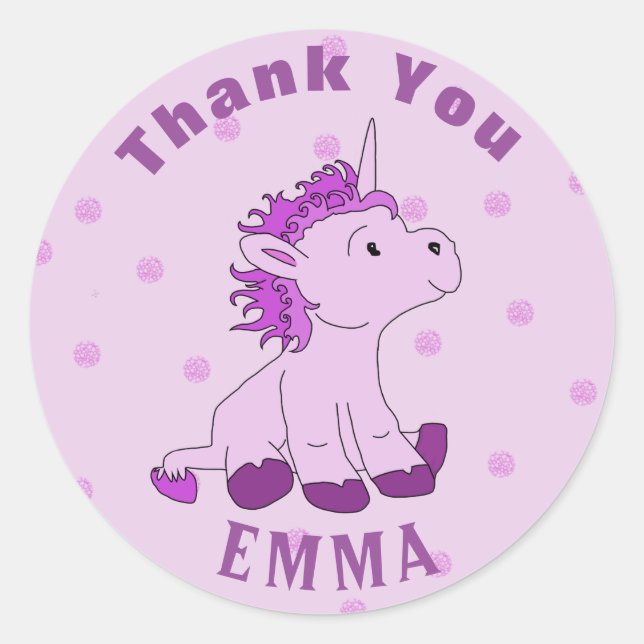 Cute Little Unicorn Thank You Name Classic Round Sticker (Front)
