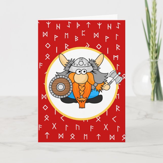 Cute Little Viking on Viking Runes Red Background Holiday Card (Front)