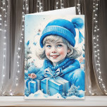 Cute Little Vintage Girl in Blue Christmas Card<br><div class="desc">Pretty watercolor Christmas holiday card. Adorable little vintage girl in winter cap holding a retro gift box with a big blue bow.</div>