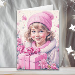 Cute Little Vintage Girl in Pink Retro Christmas Card<br><div class="desc">Pretty watercolor Christmas holiday card. Adorable little vintage girl in winter cap holding a retro gift box with pink flowers.</div>