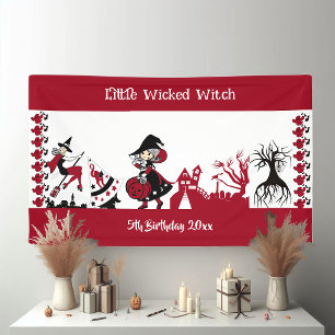 Cute Little Wandering Witch Halloween White Red  Banner