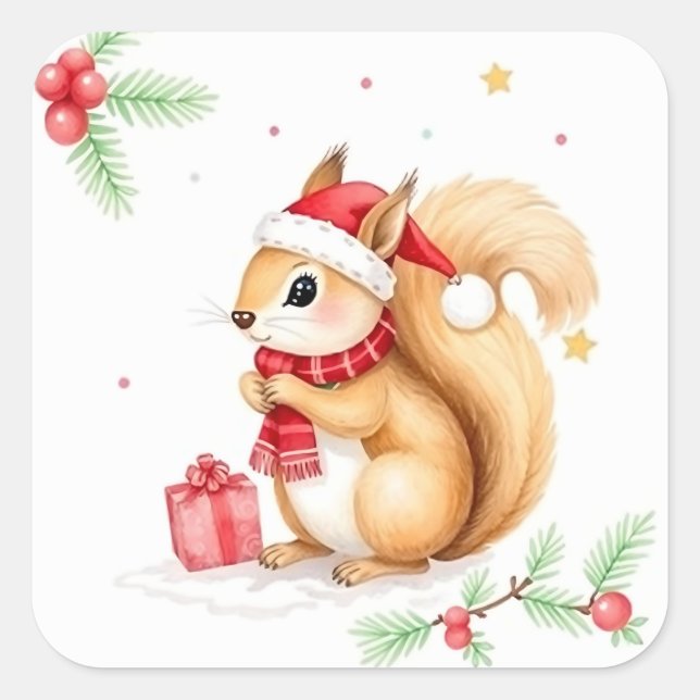 Cute Little Watercolor Christmas Squirrel Square Sticker (Front)