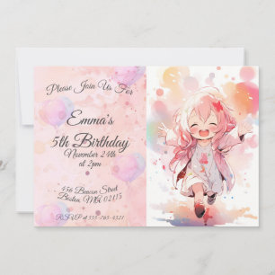 Cute little watercolor girl horizontal birthday invitation
