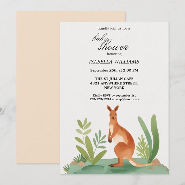 Cute Little Watercolor Kangaroo Baby Shower  Invitation (Front/Back)