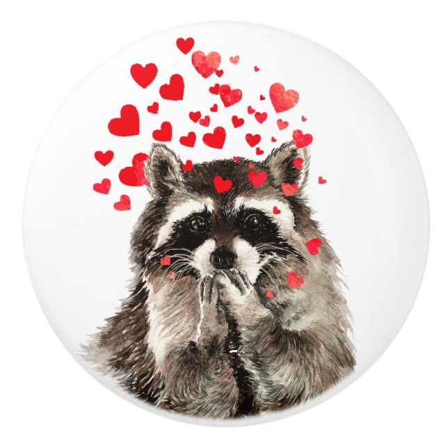 Cute Little Watercolor Racoon Blowing Kisses Fun Ceramic Knob (Front)