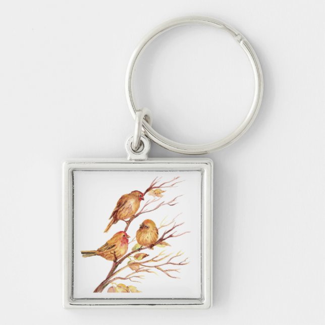 Cute Little Watercolor Sparrow Garden Birds Key Ring (Front)