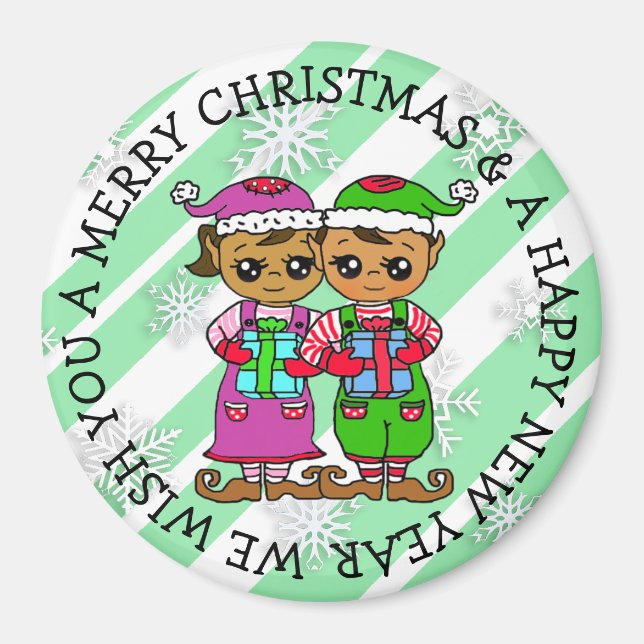 Cute Little Whimsical Elves Christmas Magnet (Front)