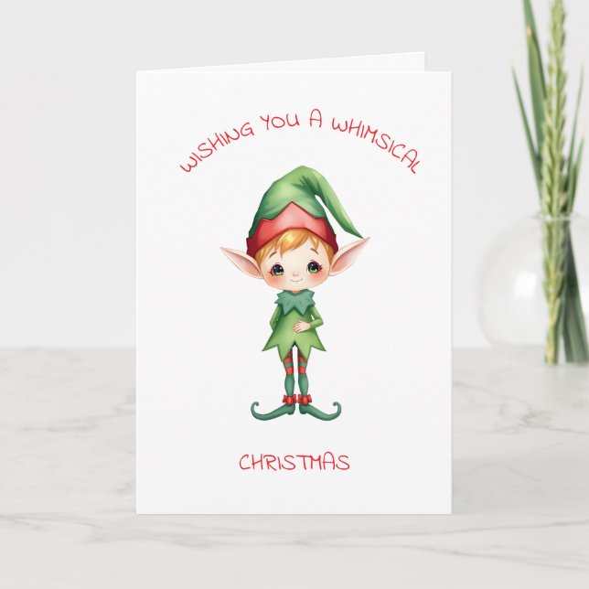 Cute Little Whimsical Watercolor Christmas Elf Card (Front)