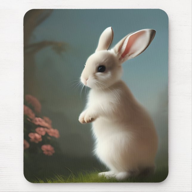 Cute Little White Bunny and Roses Mouse Pad (Front)