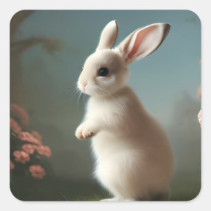 Cute Little White Bunny and Roses Square Sticker