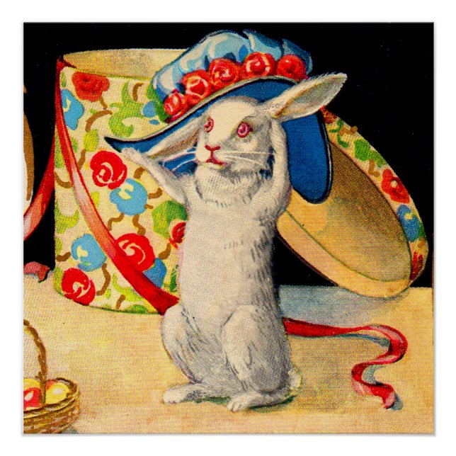 cute little white bunny wearing big hat poster (Front)