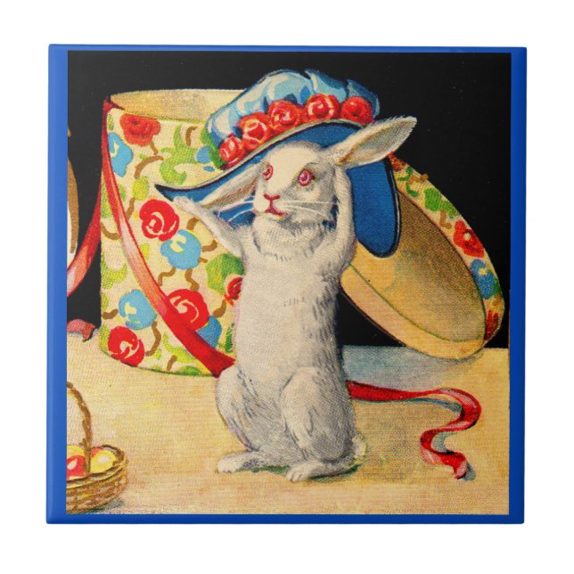 cute little white bunny wearing big hat tile (Front)