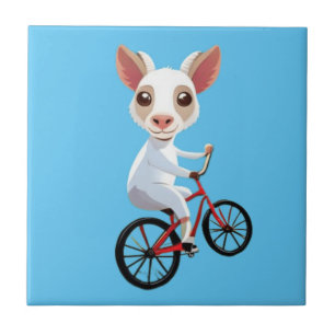 Cute little white goat on a bicycle tile