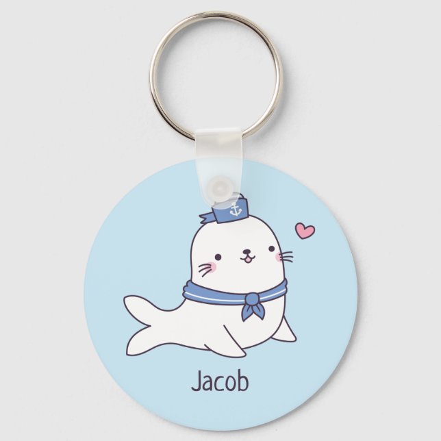 Cute Little White Seal Sailor Crew Name Keychain (Front)