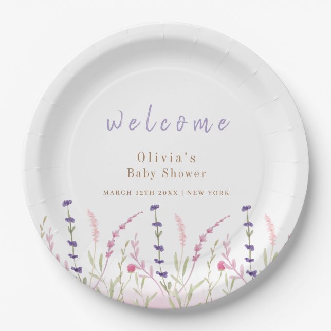 Cute Little Wildflower Garden Baby Shower Welcome  Paper Plate (Front)
