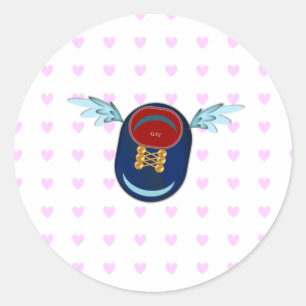Cute little winged shoe cartoon and pink hearts classic round sticker